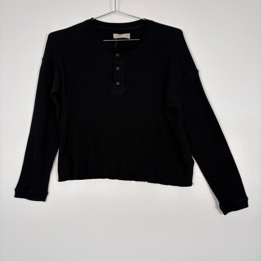 Everlane Womens Henley Top Sz M Black Organic Cotton Waffle Knit Thermal Minimal